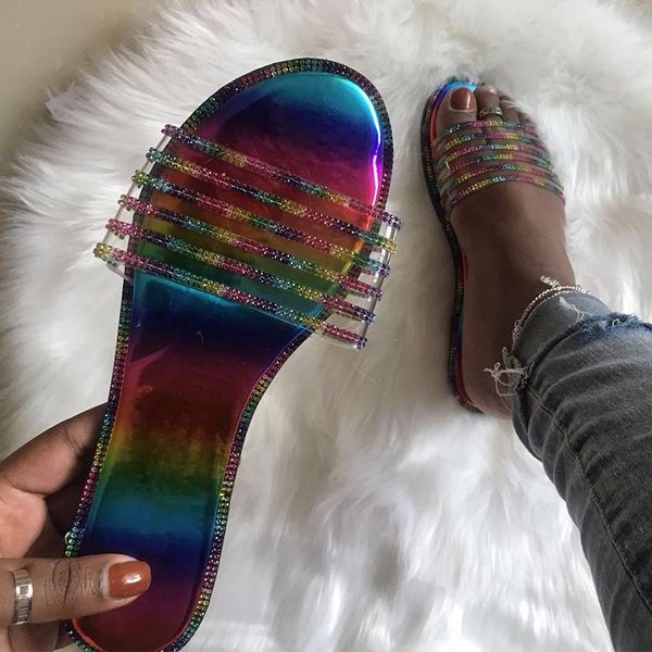 

slippers summer women ladies flat sandals rhinestone beach sides female casual walking zapatos de mujer, Black