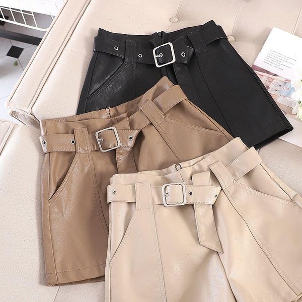 

2021 autumn and winter leather shorts new korean version of high waist wide leg loose a word pu soft leather, White;black