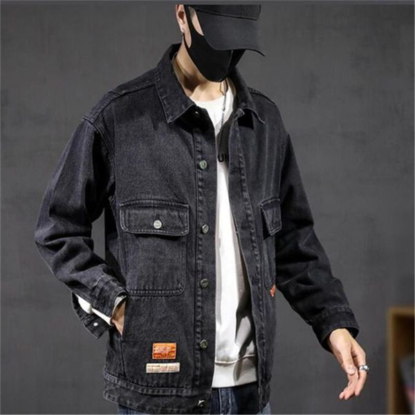 

men's jackets 2021 autumn winter denim jacket trend loose lapel fashion printed outerwear coats top, Black;brown