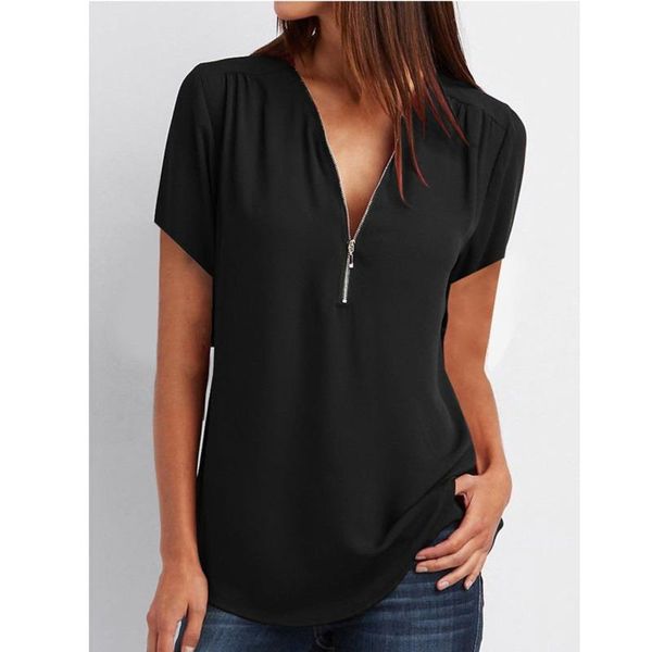 

women's blouses & shirts 2021 summer casual blouse women and shirt short sleeve black solid v-neck chiffon, White