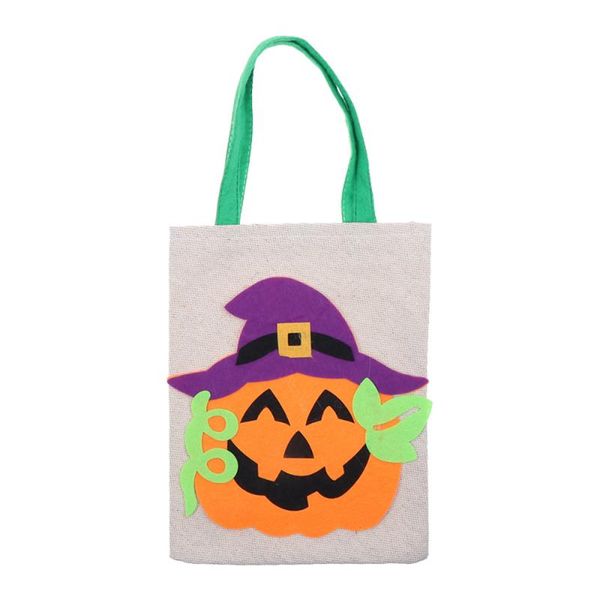 

gift wrap halloween linen candy bags portable pumpkin tote pouch party favors (beige with purple hat ) (random handle