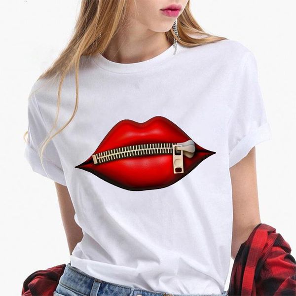 

camiseta tee shirts female t-shirt sequins red lip t-shirt women casual short sleeves creativity zipper lips t-shirt women, White