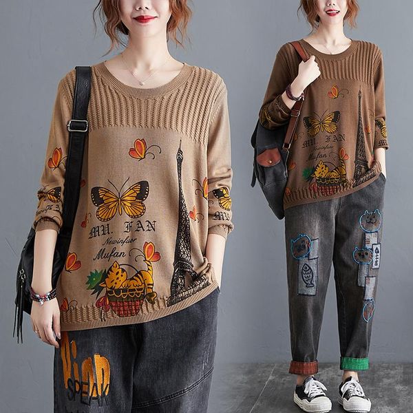 

women's sweaters 2021 korean butterfly cat fashion laies vintage printed womens casual loose knitted pullovers female streetwear jumper, White;black