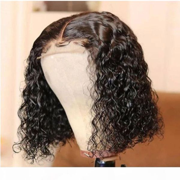 

remy jet black 13x6 4 lace part wig middle part short bob kinky curly u wig for black women with baby hair adjustable strap, Black;brown