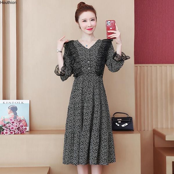 

casual dresses houthion women's maxi dress loose plus size retro floral fashion chiffon mid-calf summer v-neck, Black;gray
