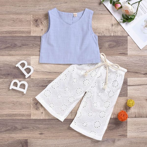 

summer spring and 2021 girls' middle school children's woven pure linen cotton vest + embroidered lace wide leg pants, White
