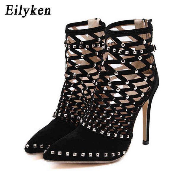 

sandals eilyken gladiator sandals summer spring pointed toe rivets studded cut out caged ankle boots stiletto heel women shoes 220310, Black