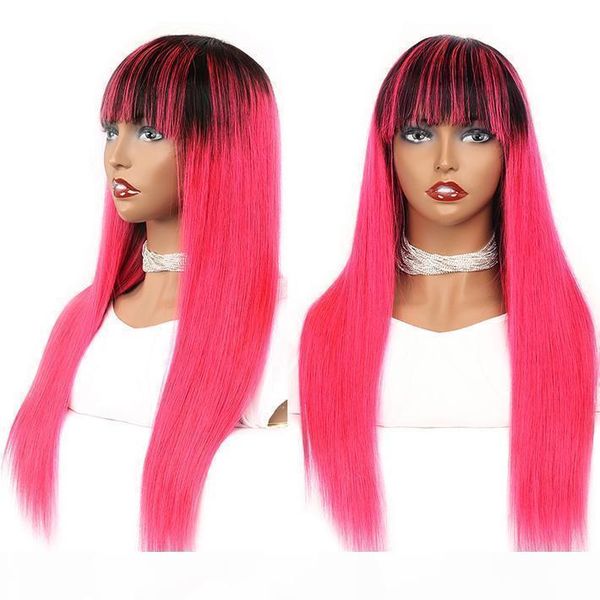 

1b pink human hair wig non lace raw indian remy straight colored wigs 150% density pink ombre glueless wig with bangs for black women, Black;brown