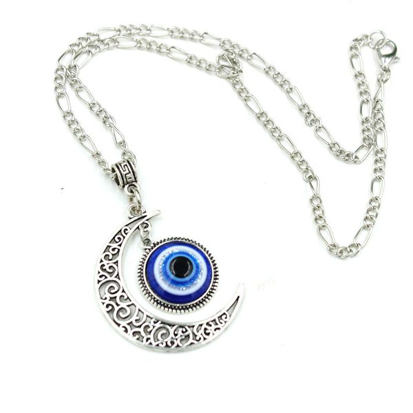 

vintage style silver plated islamic moon evil eyes pendant necklace crescent moon turkey blue eyes necklace for women 55c3