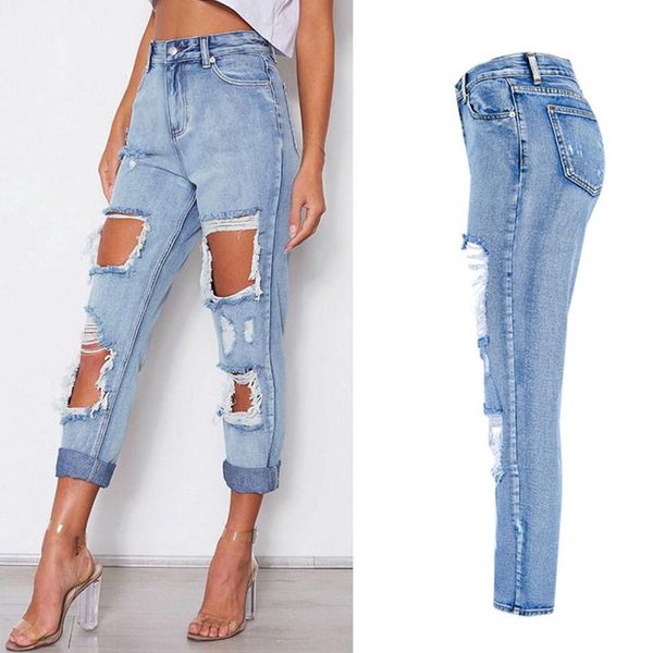

women's jeans 2021 women blue denim pants plus size femme summer washed bleaching high waist boyfriend ripped