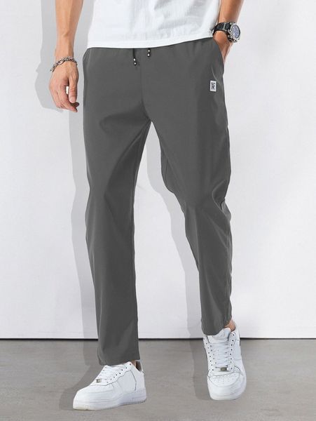 

men patched slant pocket drawstring pants a4by#, Black