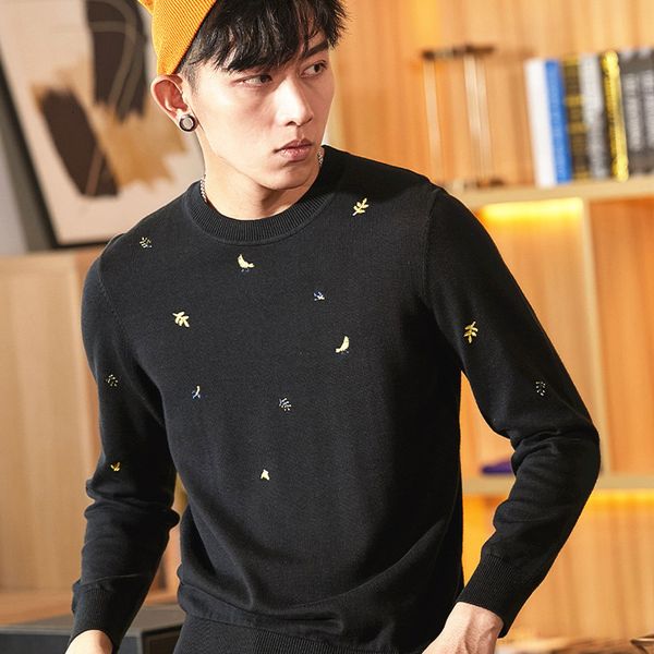 

sweater knit pusite men's 2021 autumn round neck pullover t shirt slim embroidered, White;black