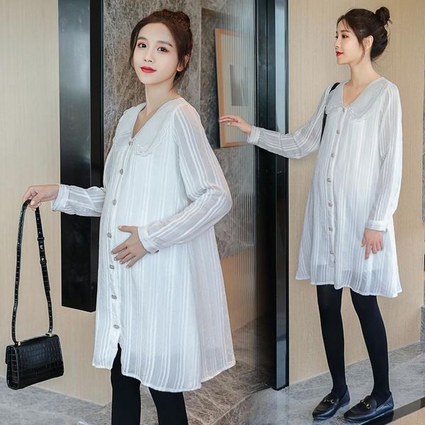 

6738# maternity clothes spring autumn button white dress loose stylish dress pregnant women mom
