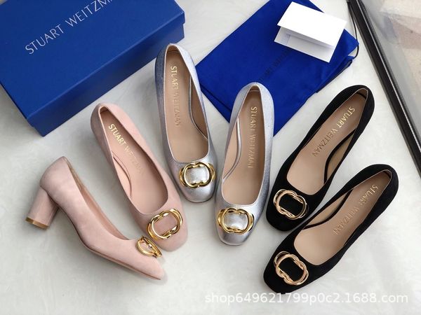 

2021 sw high metal bow single square head thick heel shallow mouth versatile women's sho, Black