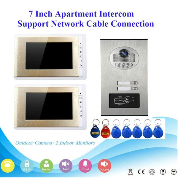 

video door phones 7" color lcd phone intercom system 2 monitors + rfid access outdoor camera for apartment