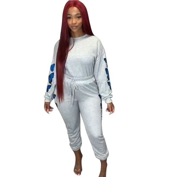 

2021 butterfly printing sweat suit for women new of casual clothes sweater set and 2 piece pants xt1e, Gray