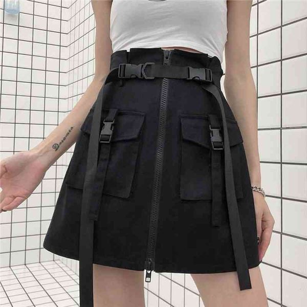 

mini summer high waisted womens skirts loose hip hop casual streetwear korean belt harajuku cotton plus size y2k clothes, Black