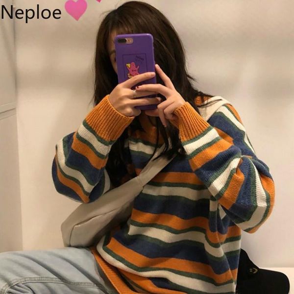 

women's sweaters neploe korean autumn winter s lazy wind loose knitted o neck striped sweet pullovers contrast color sweater 45563, White;black