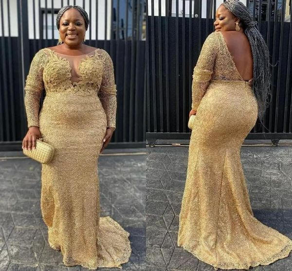 Árabe Africano Mulheres Rendas de Ouro Prom Vestidos de Prom Plus Size Manga Longa Barco Decote V Vestido de Noite Formal Aberto