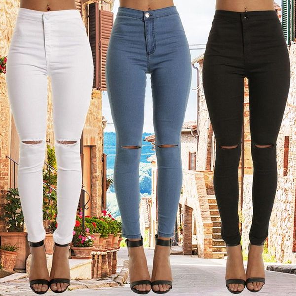 

women's jeans 2021 brand women high waist skinny fashion hole vintage girls slim ripped denim pencil pants trousers, Blue