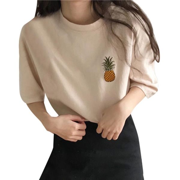 

korean fashion t-shirts clothing women oversized pineapple embroidery funny shirts half sleeve o-neck loose, White