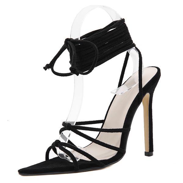 

2021 hollow out gladiator high heels shoes summer new design sharp toe lace-up strappy sandals women psch, Black