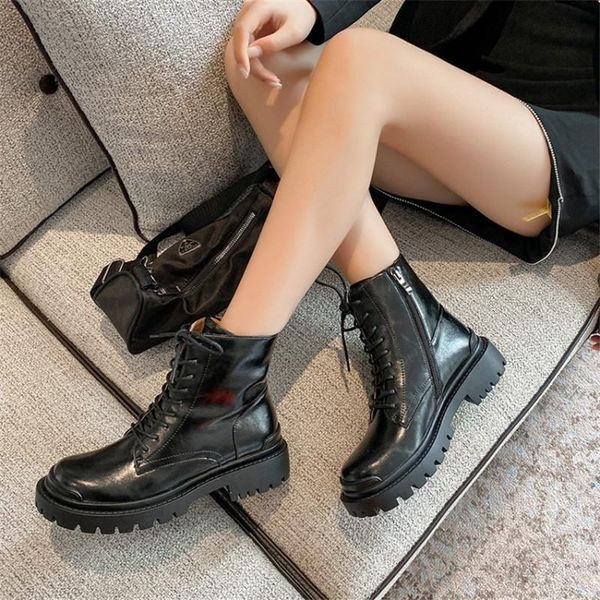 

boots 2021 winter genuine leather ankle side zipper lace-up flat shoes women, Black