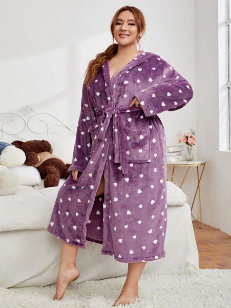 

plus heart print hooded belted robe l2ts#, Black;white