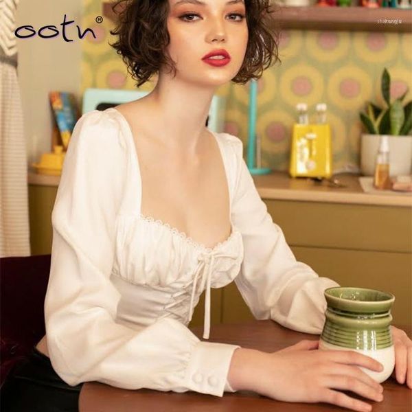 

elegant white lace long sleeve blouse women pleated crop square collar up button puff ruffle shirt1