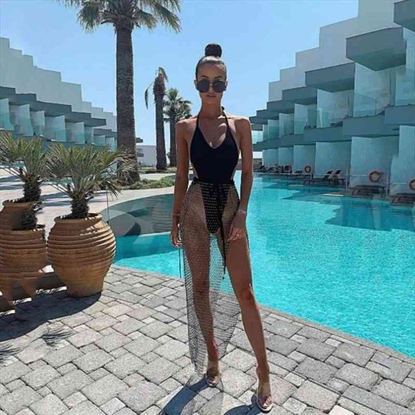 

see through fishnet drawstring women skirts split diamond long hollow out plaid cover up glitter crystal ankle length, Black