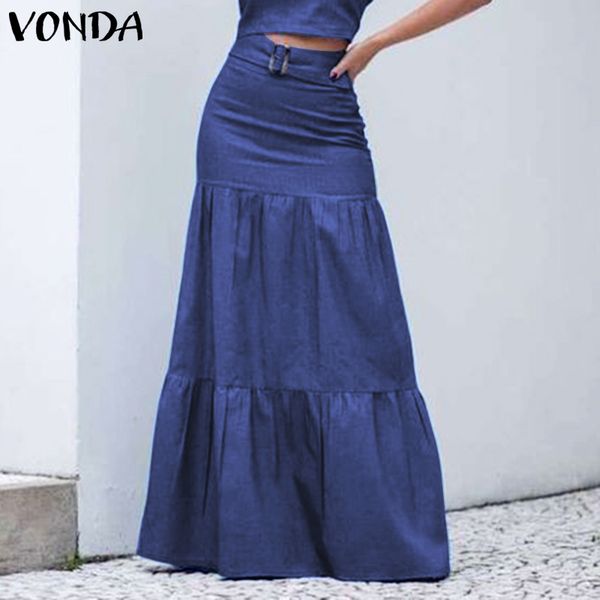 

skirts 2021 women solid long elastic waist pleated maxi beach ruffle vintage summer belt faldas saia party bottoms, Black
