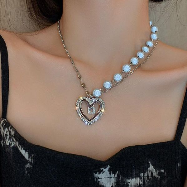 

pendant necklaces vintage heart hollow design beaded choker necklace for women girls pearl chain hip-hop style party jewelry, Silver