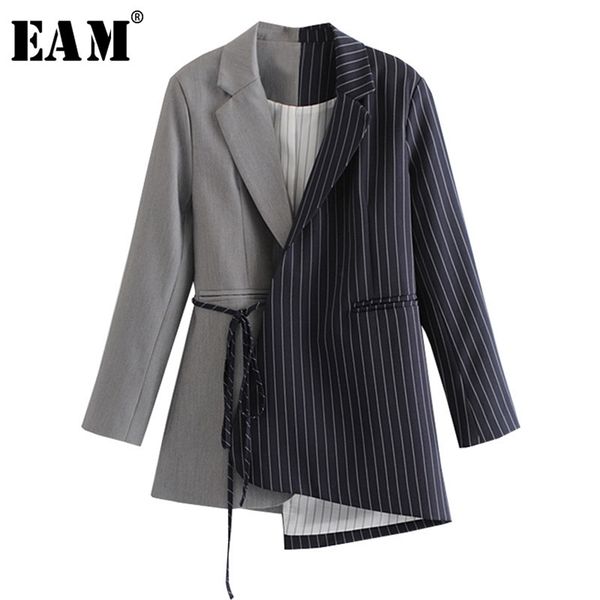 

[eam] loose fit black striped split joint bandage jacket lapel long sleeve women coat fashion spring autumn jz065 210914, Black;brown