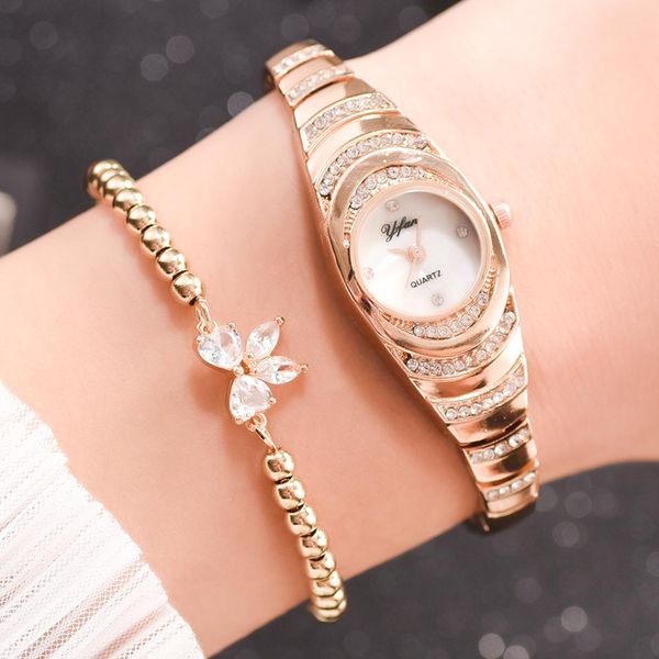 

2pcs/set Fashion Delicate Rhinestone Sier Bracelet For Women Ladies Wrist Watch Relogio Feminino, Green