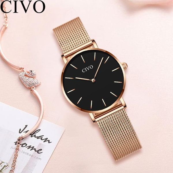 

wristwatches civo fashion ladies watches women waterproof minimalism simple luxury steel mesh strap dress quartz wristwatch montre femme, Slivery;brown