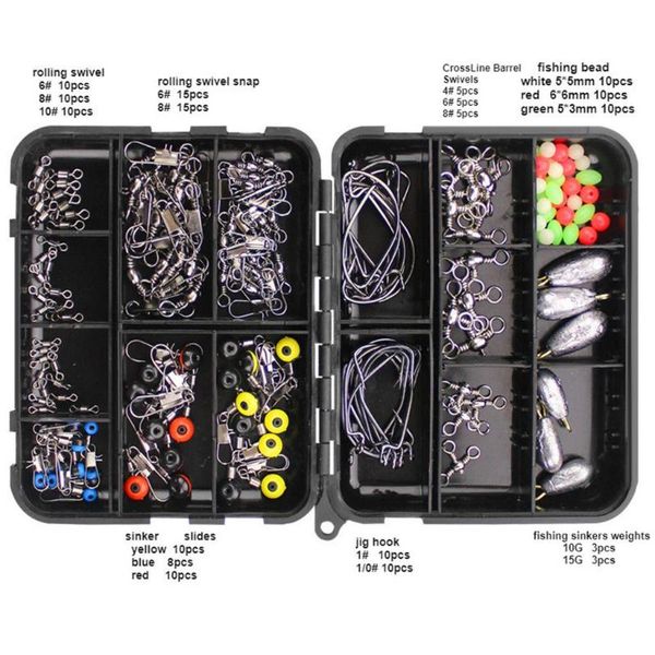 

160/187pcs fishing accessories kit jig hooks snaps rolling swivel full fishing set w/ tackle box for freshwater saltwater