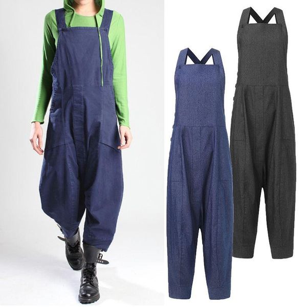 

women's jumpsuits & rompers zanzea summer women straps casual drop crotch solid loose overalls female baggy harem pants dungarees trous, Black;white