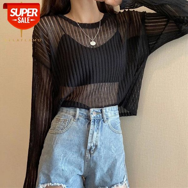 

women's t shirt knitwear thin transparent high elasticity short round neck long sleeve loose solid tshirt ladies high street #bq7s, White