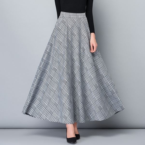 

vintage plus size autumn spring long skirts women high waist vintage maxi skirt elegant office lady wark plaid skirt streetwear 210309, Black