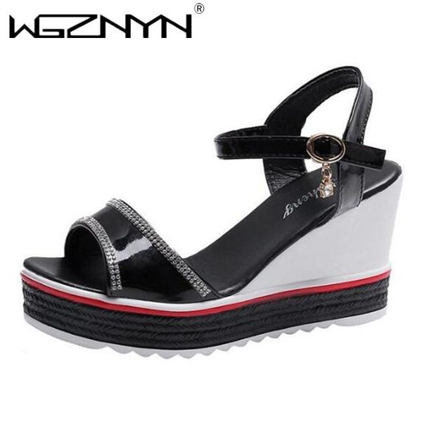 

student wedges crystal shoes outdoor sandals woman gladiator ankle buckle strap shoes female footwear peep toe beach woman, Black