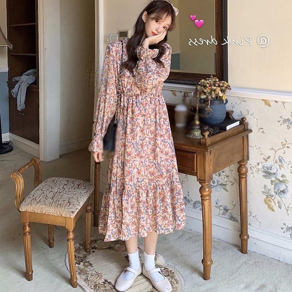 

temperament gentle color high waist slimming strap midi dress women dress autumn long-sleeved self-cultivation floral, Black;gray