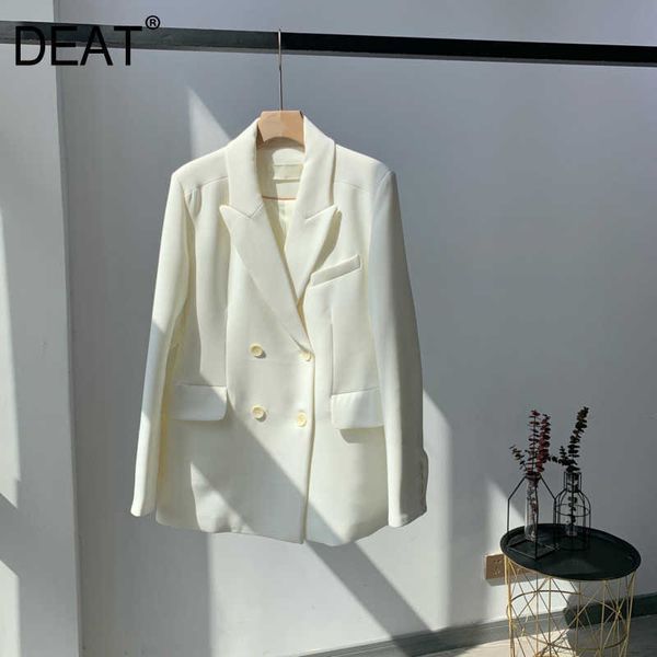 

[deat] spring fashion coat turn-down collar double breasted solid color long sleeve loose blazer women 13q209 210527, White;black
