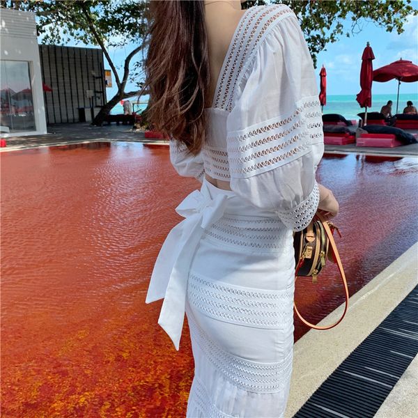 

two piece dress twins for women, low-cut, sexy, no back, s-l-lace, high waist, stripe, ruffle, scabbard, long skirt xeka, White