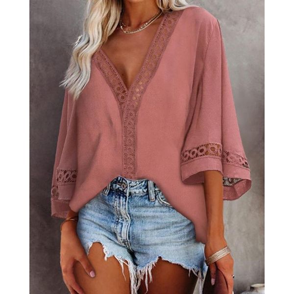 

women's blouses & shirts design good quality factory price fashion selling v-neck 3/4 sleeve hollow lace shirt, White