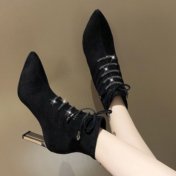 

Gladiator Boots Women Lace Up Ankle Boot 2021 Winter High Heels Dress Shoes Fashion Zip Stitch Booties Pointed Toe Pumps 8606N, Flock black