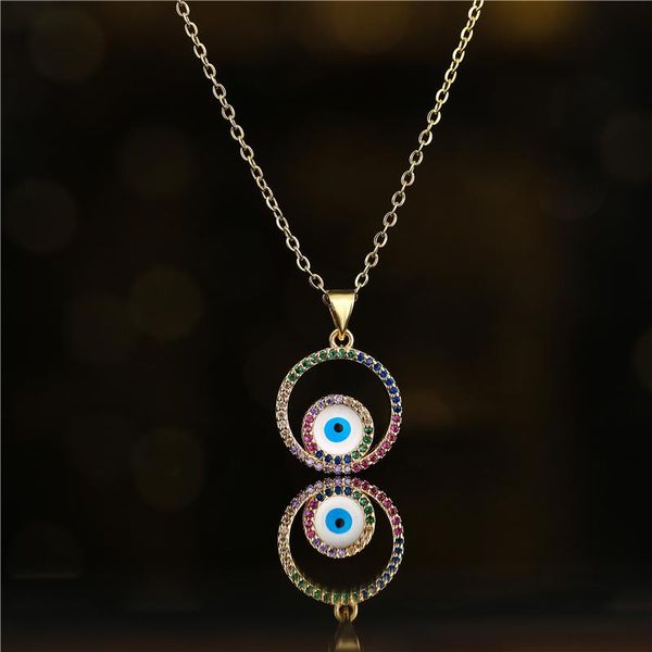 

pendant necklaces luxury rainbow color cz pave setting copper jewelry 2021 fashion lucky oil evil eye round charm necklace for women, Silver