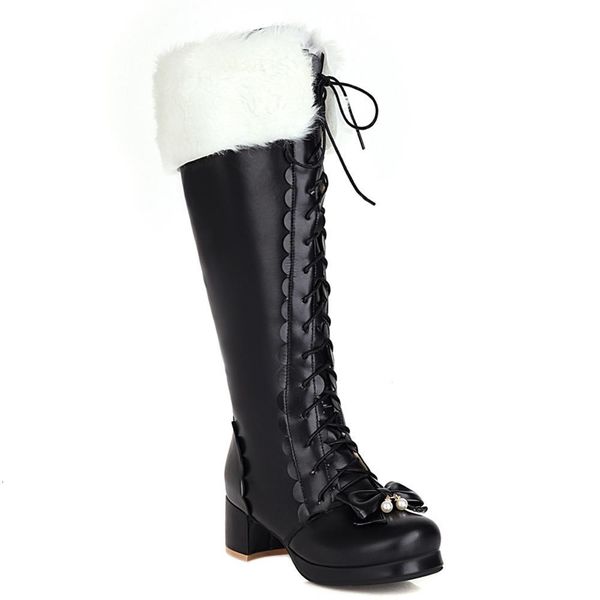 

women's in lolita heels style with finish of artificial rabbit skin and wavy boots pearl embellished knee length brxr, Black
