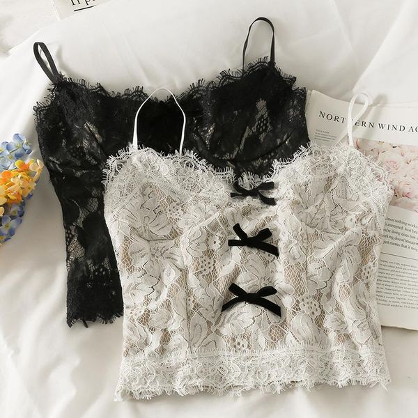 

women's tanks & camis crop lace spaghetti strap tanke women built in bra solid color off shoulder sleeveless for woman ins, White