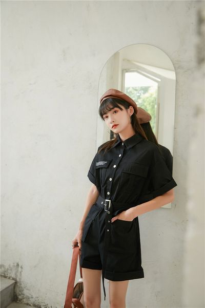 

2021 new tooling wide leg playsuit women salopette black button up combishort rompers summer belt jump suit navm, Black;white