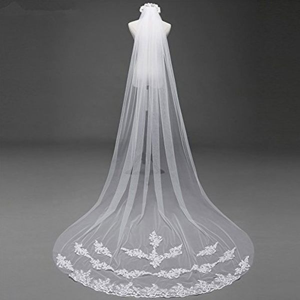 Bride Vates Aplique Branco Tule 3 metros Veu da Noiva Long Wedding Bridal Accessories Lace Véil